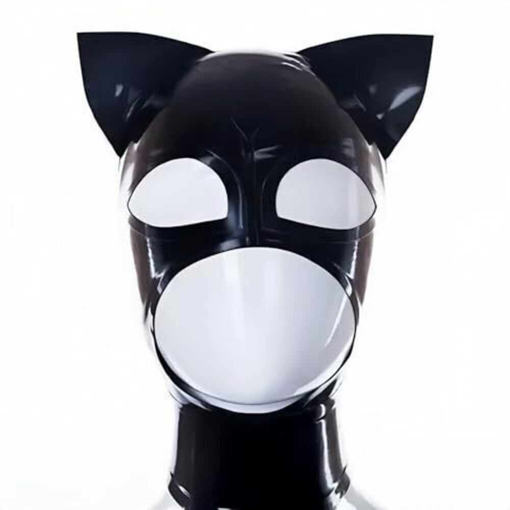 3233 Latex Mask,Unique SM Cat Ears Latex Hood Mask for Fetish Club Ball